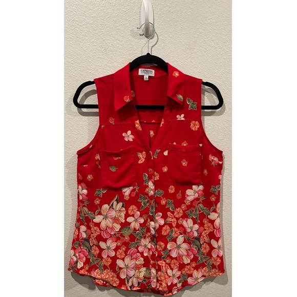 EXPRESS Floral Button Down Sleeveless Red Shirt - Picture 1 of 4